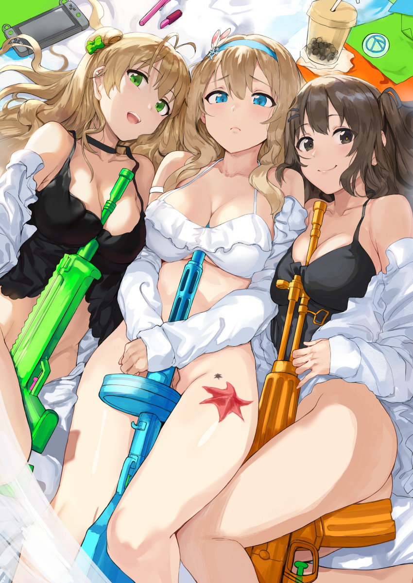 3girls :d absurdres ahoge assault_rifle bangs bare_shoulders between_legs bikini blue_eyes blue_hairband blush bottomless bow breasts brown_eyes brown_hair choker cleavage closed_mouth collarbone daewoo_k2 double_bun eyebrows_visible_through_hair frilled_bikini frills frown girls_frontline green_eyes groin gun hair_between_eyes hair_bow hair_ornament hairband hairclip handheld_game_console hews_hack highres holding holding_gun holding_weapon jacket k-2_(girls_frontline) long_hair long_sleeves looking_at_viewer lying medium_breasts multiple_girls off_shoulder on_back open_mouth rfb_(girls_frontline) rifle shiny shiny_skin shirt sidelocks smile snowflake_hair_ornament starfish submachine_gun suomi_kp/-31 suomi_kp31_(girls_frontline) swimsuit tank_top thighs water_gun weapon white_bikini white_shirt