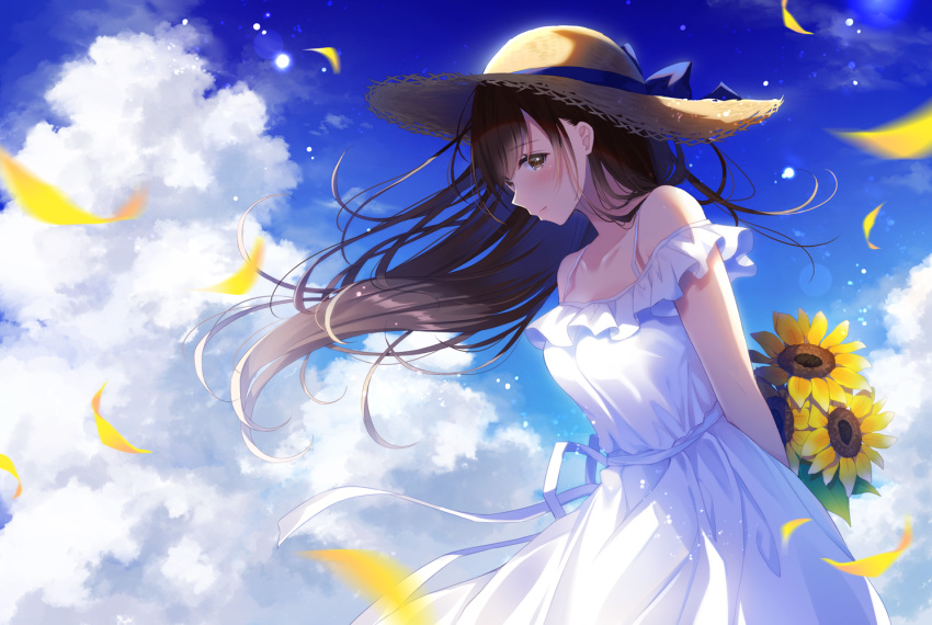 1girl arms_behind_back bad_id bare_shoulders blue_bow blue_ribbon blue_sky bow breasts brown_eyes brown_hair brown_headwear closed_mouth cloud cloudy_sky commentary_request day dress eyebrows_visible_through_hair flower hat hat_bow leaning_forward long_hair looking_at_viewer medium_breasts noda_shuha off-shoulder_dress off_shoulder original outdoors petals ribbon sky smile solo straw_hat sunflower white_dress window yellow_flower