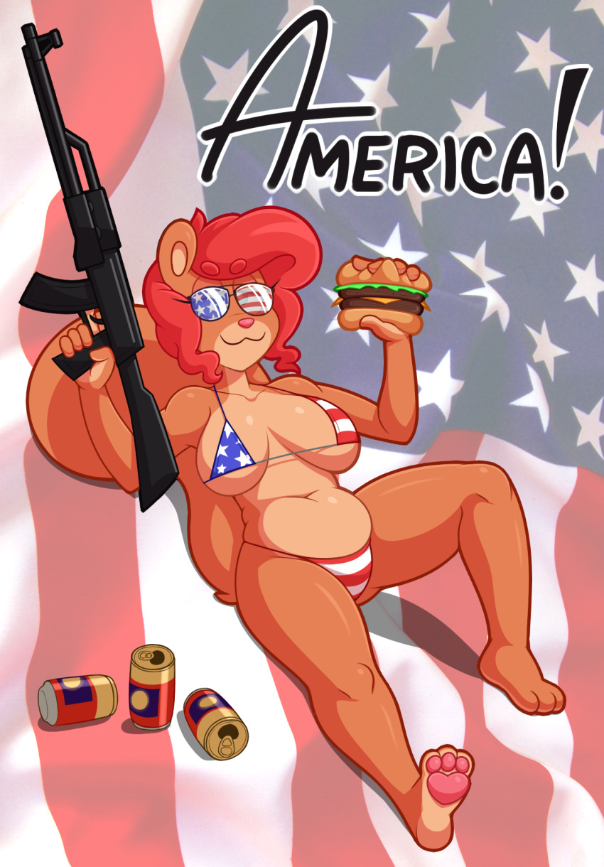 2019 acstlu alcohol anthro beer beverage bikini breasts burger can clothing english_text eyewear female food gun hair hi_res holding_food holding_object holding_weapon lizette mammal pawpads pink_nose pink_pawpads ranged_weapon red_hair rifle rodent sciurid short_hair smile solo sunglasses swimwear text united_states_of_america weapon