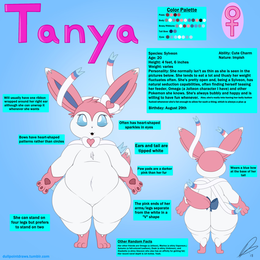 &lt;3 1:1 2018 absurd_res belly big_belly big_butt biped bow butt digital_media_(artwork) digitigrade dullpoint eeveelution english_text female fur hi_res navel nintendo open_mouth overweight overweight_female pink_fur pok&eacute;mon pok&eacute;mon_(species) ribbons solo standing sylveon text video_games white_fur