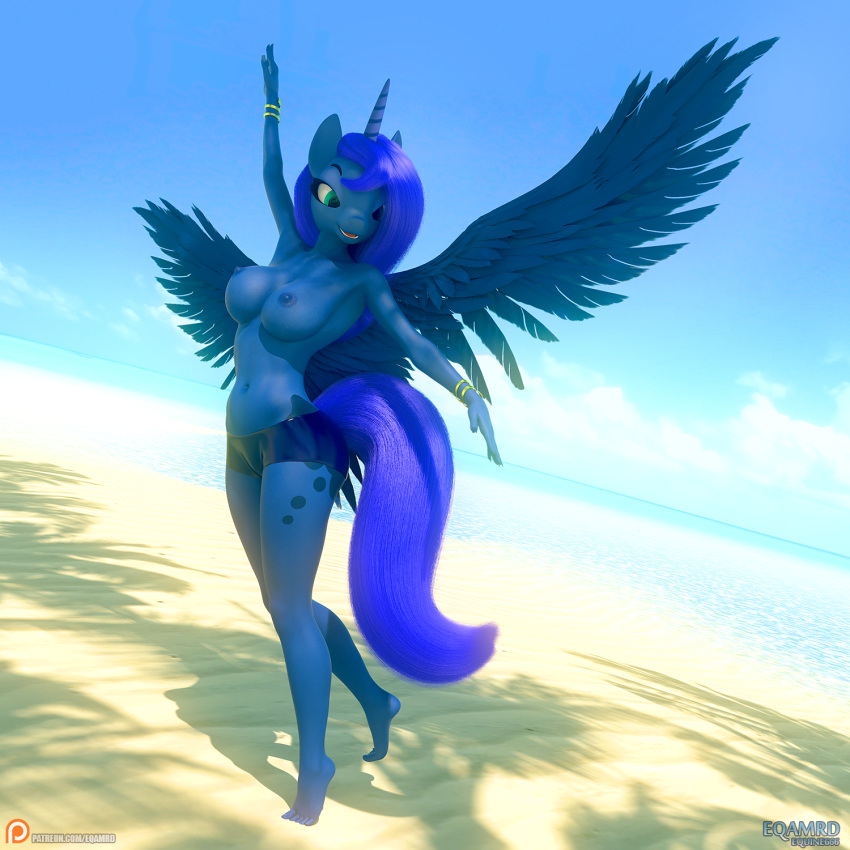 1:1 3d_(artwork) anthro anthrofied areola beach blue_eyes blue_hair bottomwear bracelet breasts clothing digital_media_(artwork) eqamrd equid female friendship_is_magic glistening hair hi_res horn jewelry mammal my_little_pony nipples princess_luna_(mlp) sand sea seaside short_shorts shorts solo water winged_unicorn wings