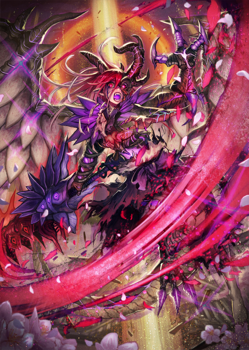 1girl cherry_blossoms claws commentary_request dragon_girl dragon_horns dragon_wings fangs fantasy fingernails flower glowing_mouth half_mask highres horns kuroi_susumu monster_girl multiple_arms original petals pointy_ears red_hair scales sharp_fingernails slit_pupils sword tears torn_clothes weapon wings