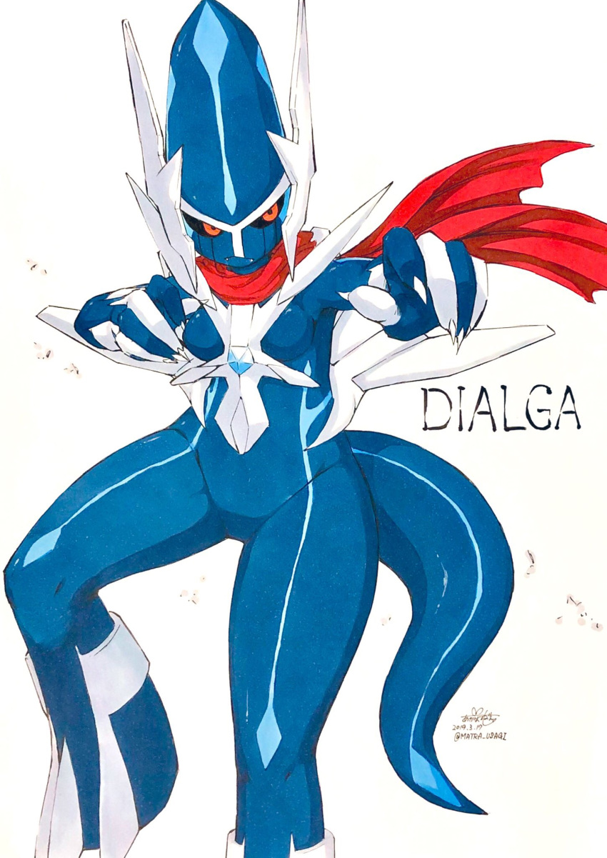 akabane_jin black_sclera blue_skin dialga female hi_res legendary_pok&eacute;mon nintendo pok&eacute;mon pok&eacute;mon_(species) scarf simple_background solo video_games white_background