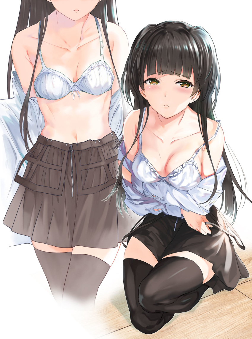 bra mayuzumi_fuyuko metallican open_shirt the_idolm@ster the_idolm@ster_shiny_colors thighhighs undressing