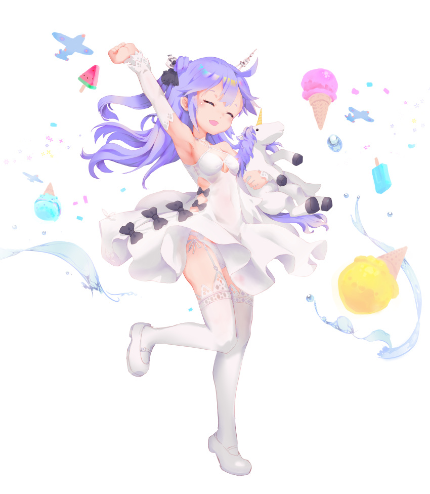 1girl :d ^_^ absurdres ahoge aircraft airplane azur_lane bangs bare_shoulders black_bow black_ribbon blush bow breasts cleavage closed_eyes collarbone commentary_request criss-cross_halter detached_sleeves dress food full_body garter_belt hair_bun hair_ribbon halterneck highres ice_cream ice_cream_cone long_sleeves object_hug one_side_up open_mouth padal panties popsicle purple_hair ribbon shoes short_eyebrows side-tie_panties sleeves_past_wrists small_breasts smile solo standing standing_on_one_leg stuffed_alicorn stuffed_animal stuffed_toy thighhighs underwear unicorn_(azur_lane) water watermelon_bar white_dress white_footwear white_legwear white_panties white_sleeves