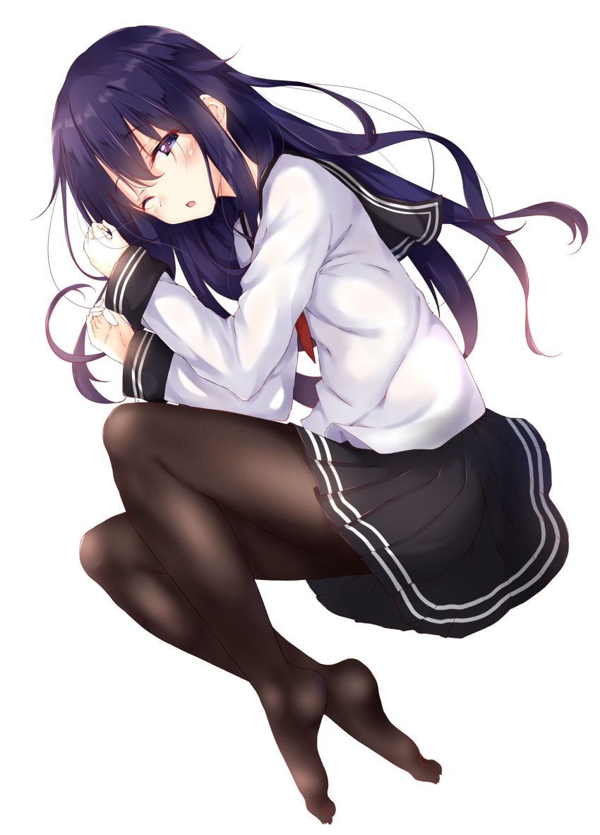 1girl absurdres akatsuki_(kantai_collection) bangs black_legwear black_skirt blush eyebrows_visible_through_hair full_body hair_between_eyes highres kantai_collection long_hair long_sleeves no_shoes numpopo one_eye_closed open_mouth pantyhose pleated_skirt purple_eyes purple_hair red_neckwear sailor_collar school_uniform serafuku simple_background skirt solo white_background