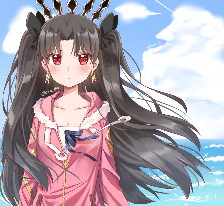 1girl aro_1801 artist_name black_hair black_ribbon blush breasts cleavage cloud collarbone commentary_request day earrings eyebrows_visible_through_hair fate/grand_order fate_(series) frown hair_ribbon highres hood hood_up ishtar_(fate/grand_order) jacket jewelry long-hair long_hair looking_at_viewer outdoors pink_jacket red_eyes ribbon solo two_side_up water