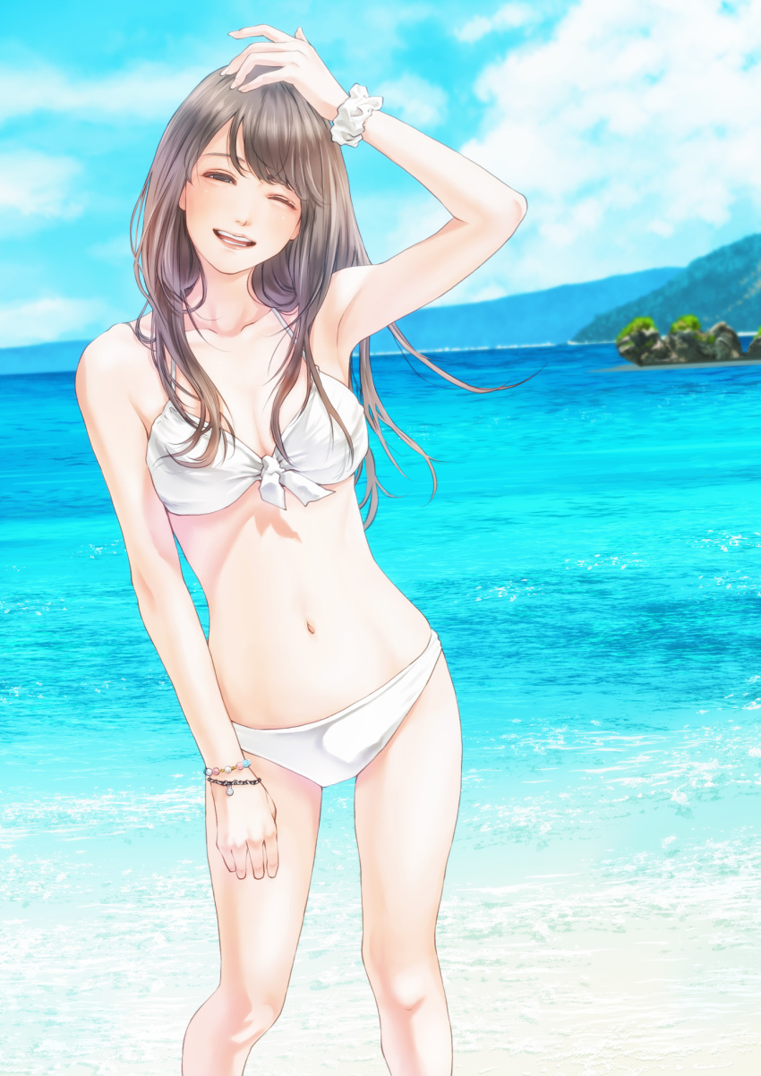 1girl arm_up bikini bracelet brown_eyes brown_hair collar day highres jewelry kinoebi looking_at_viewer navel ocean one_eye_closed open_mouth original outdoors solo standing swimsuit water white_bikini wind