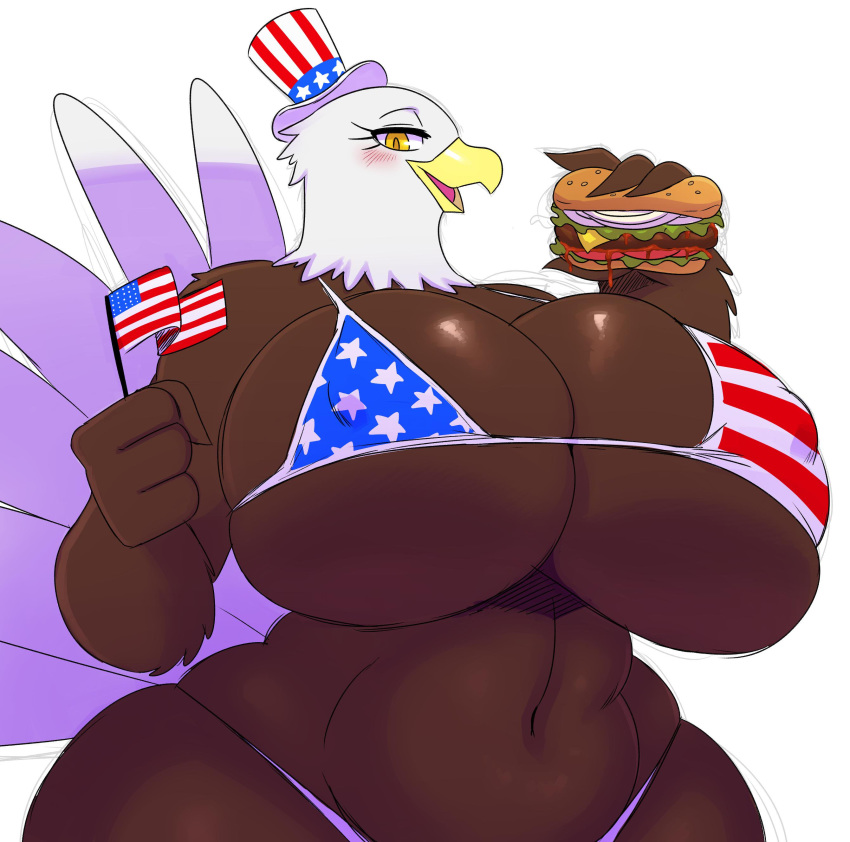 2019 4_fingers 4th_of_july absurd_res accipitrid accipitriform anthro avian bald_eagle beak belly big_breasts bikini bird blush breasts burger clothed clothing deep_navel digital_media_(artwork) eagle female fingers flag food front_view hat headgear headwear hi_res holding_object huge_breasts looking_at_viewer midriff navel non-mammal_breasts sea_eagle slightly_chubby solo sssonic2 stars_and_stripes swimwear thick_thighs united_states_of_america voluptuous wide_hips yellow_eyes