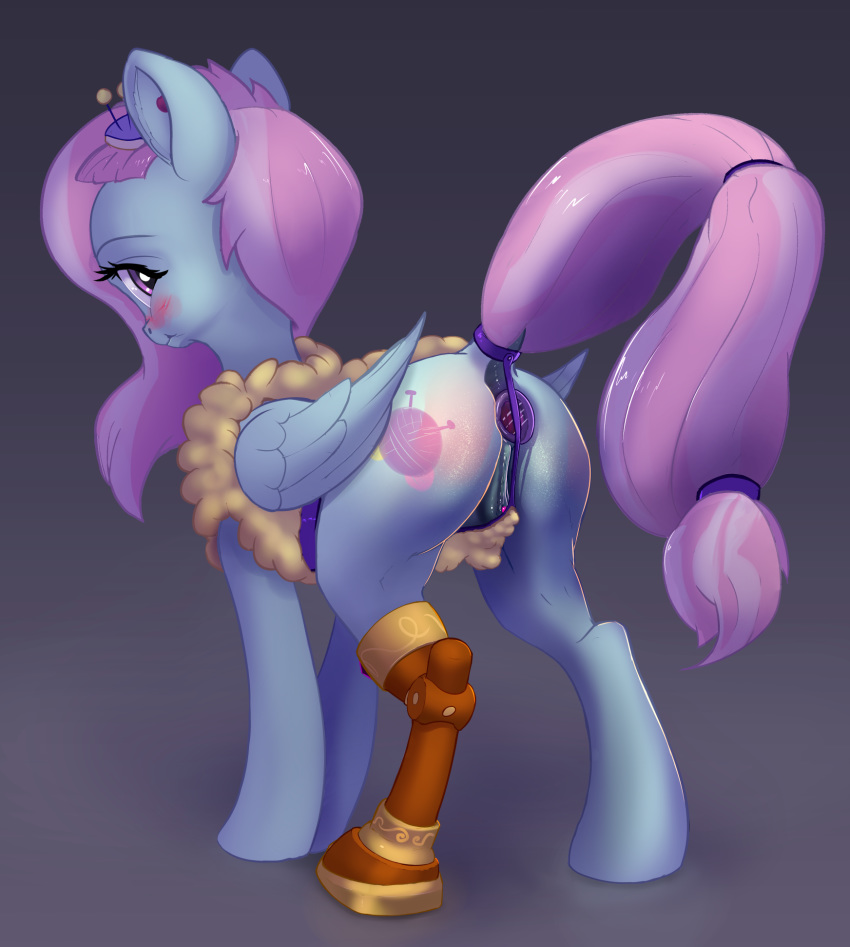 2019 amputee animal_genitalia animal_pussy anus blush butt buttplug cutie_mark equid equine equine_pussy female feral friendship_is_magic grey_background hair hexado hi_res kerfuffle_(mlp) looking_at_viewer looking_back mammal multicolored_hair my_little_pony prosthetic pterippus pussy sex_toy simple_background solo teats wings