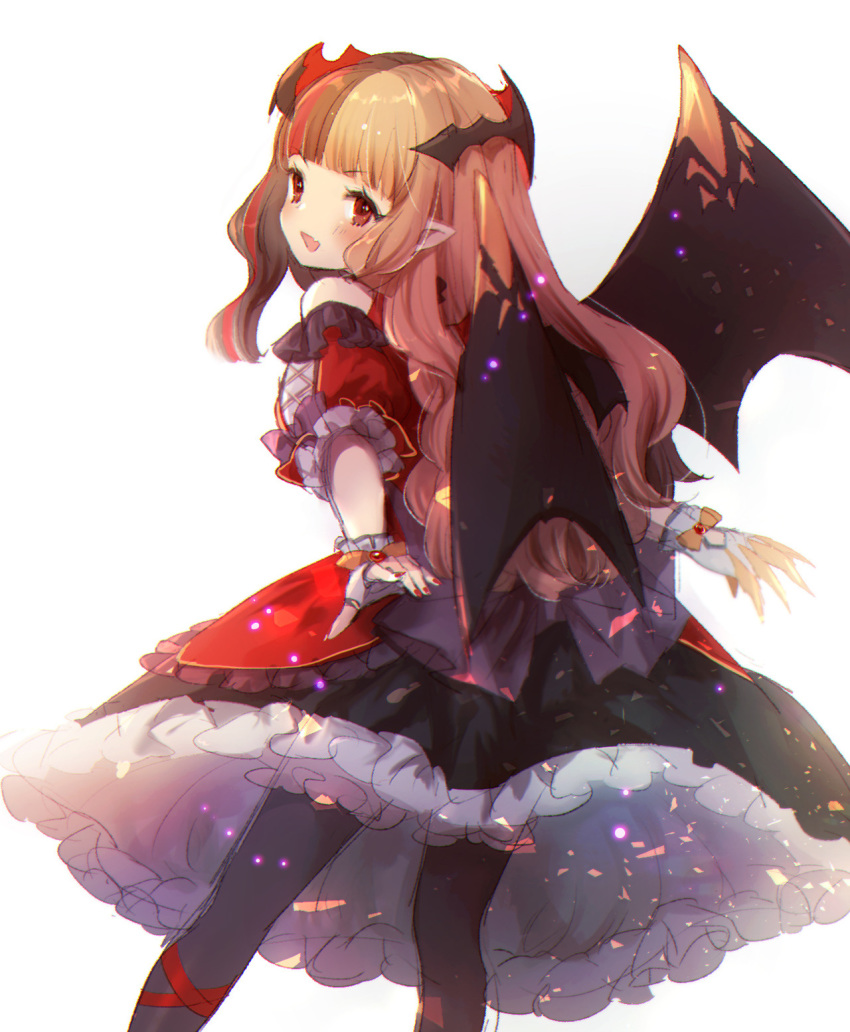 1girl :d bangs bat_wings black_legwear black_skirt black_wings blunt_bangs blush brown_hair character_request chromatic_aberration commentary_request cryptract detached_sleeves eyebrows_visible_through_hair fang fingerless_gloves fingernails frilled_skirt frills gloves highres kikka_(kicca_choco) long_hair looking_at_viewer looking_back multicolored_hair nail_polish open_mouth pantyhose puffy_short_sleeves puffy_sleeves red_eyes red_hair red_nails red_shirt red_sleeves shirt short_sleeves simple_background skirt sleeveless sleeveless_shirt smile solo streaked_hair two-tone_hair very_long_hair white_background white_gloves wings