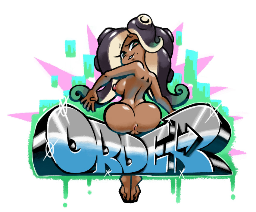 1girl absurdres anus ass barefoot beauty_mark breasts breasts_outside butt dark-skinned_female dark_skin dark_skinned_female eyebrows eyelashes facing_away facing_viewer female female_focus female_only graffiti highres iida_(splatoon) lips looking_at_viewer looking_back marina_(splatoon) minus8 mole mole_under_eye mole_under_mouth nintendo nipples nude nude_female pose pussy smile sparkle splatfest splatoon_(series) splatoon_2 tentacle_hair text vagina