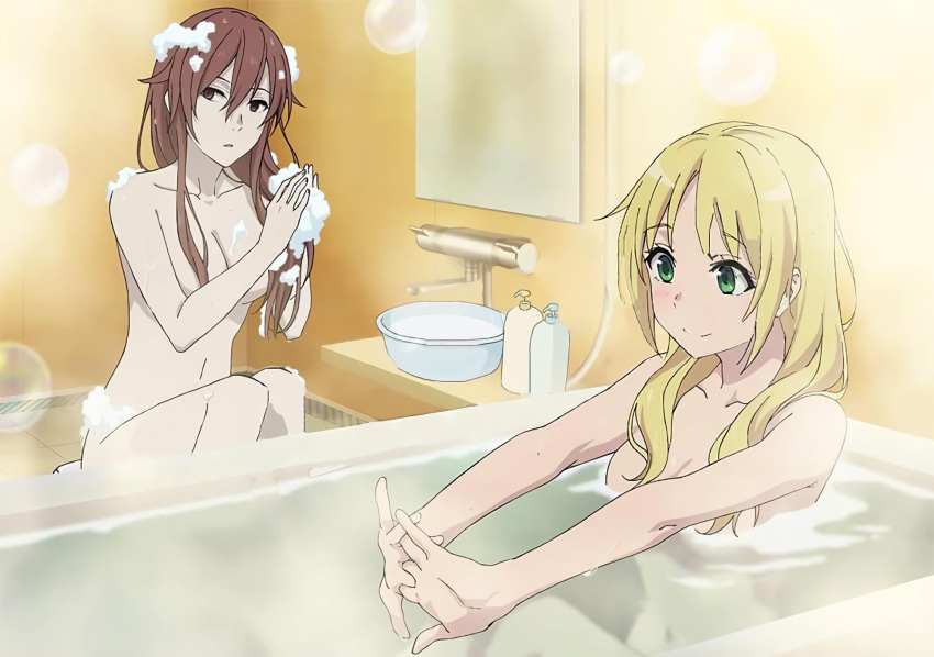 2girls artist_request bathroom bathtub breasts brown_eyes brown_hair character_request cleavage convenient_censoring estelle_rosenthal green_eyes highres long_hair multiple_girls navel official_art soap_bubbles soap_censor to_aru_kagaku_no_accelerator to_aru_majutsu_no_index