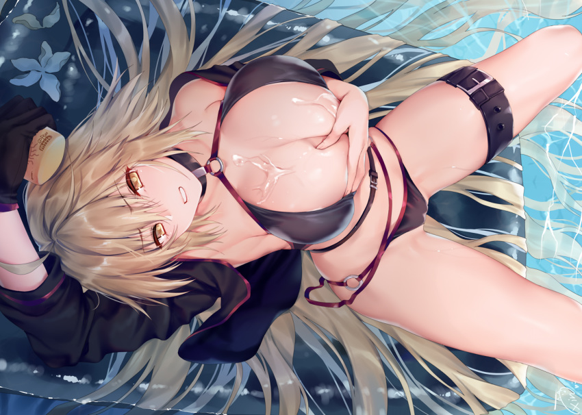 bikini blonde_hair breast_grab fate/grand_order fate_(series) gloves jeanne_d'arc_alter swimsuit water xin_(moehime) yellow_eyes