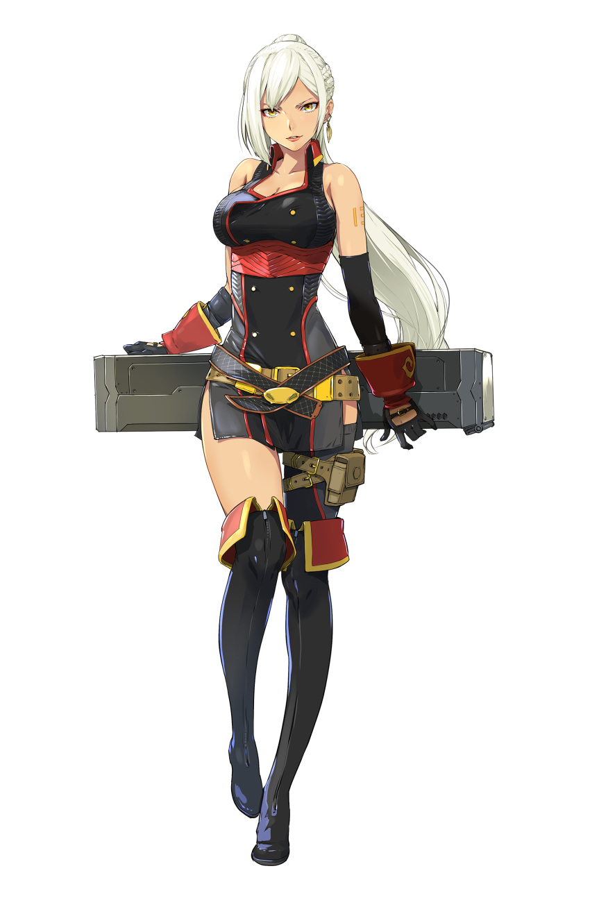 1girl absurdres arm_tattoo belt black_legwear boots braid breasts elbow_gloves enami_katsumi french_braid gloves highres holding holster large_breasts long_hair official_art oneechanbara simple_background solo tattoo thigh_boots thigh_holster thighhighs white_background white_hair yellow_eyes