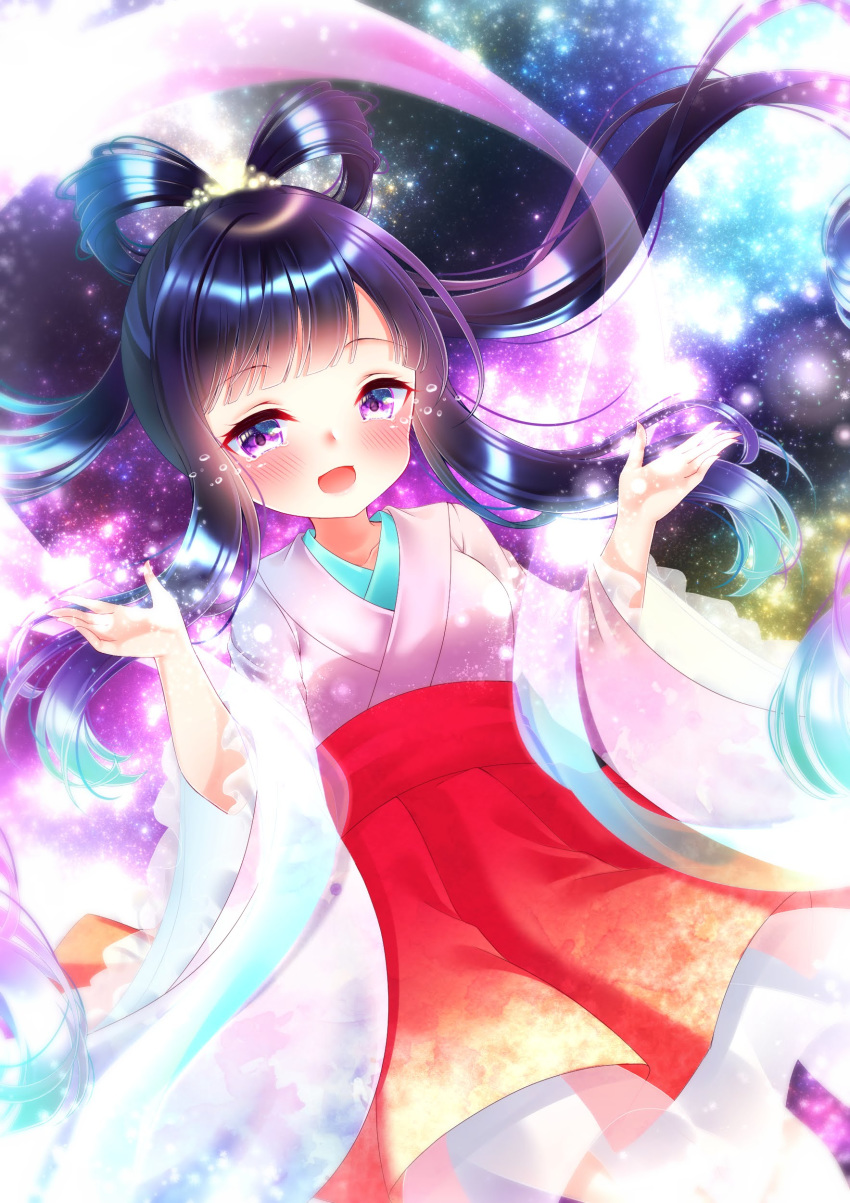 1girl :d absurdres black_hair blue_hair blush commentary_request glowing gradient_hair hagoromo hands_up highres japanese_clothes kimono long_hair long_sleeves mirai_(happy-floral) multicolored_hair open_mouth original orihime pleated_skirt purple_eyes red_skirt see-through shawl sidelocks skirt smile solo star_(sky) tanabata tears very_long_hair white_kimono wide_sleeves