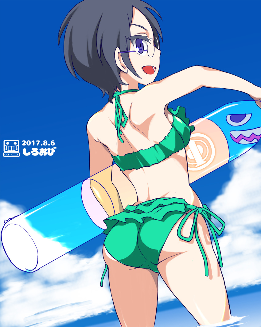 1girl absurdres artist_logo artist_name ass back bikini blue_eyes blue_sky cloud cloudy_sky commentary_request cowboy_shot dated day dutch_angle emblem from_behind girls_und_panzer glasses green_bikini grey_hair highres holding inflatable_toy looking_at_viewer looking_back ocean open_mouth partial_commentary round_eyewear rumi_(girls_und_panzer) selection_university_(emblem) shiroobi_(whitebeltmaster) short_hair side-tie_bikini sky smile solo standing swimsuit thighs wading