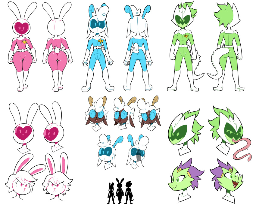 1boy 2girls angry animal_ears anthro ass badge boots brown_skin bunny_ears butt character_sheet clenched_hand deadpan expressions from_behind front_view fur glasses gloves goat green_eyes green_hair group hair helmet helmet_removed hips horns imminent_sex lizard long_tail long_tongue looking_at_viewer midori_(miscon) miscon open_mouth penis_shadow pink_eyes pinku_(miscon) pointy_ears purple_hair rabbit raito_buru_(miscon) reptile saliva seductive_look seductive_smile silhouette skin_tight smile sweat tail tiara tuft white_fur white_hair