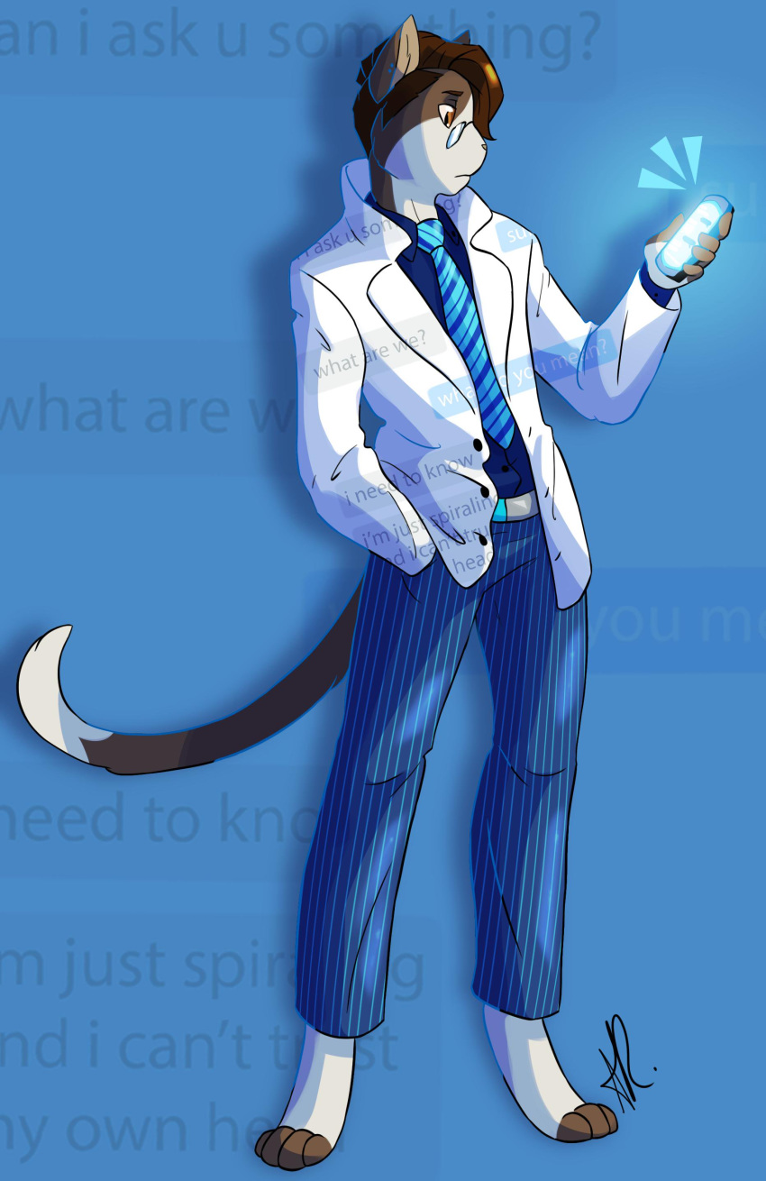 2019 absurd_res ambiguous_gender anthro bottomwear brown_eyes brown_fur brown_hair clothed clothing digital_media_(artwork) domestic_cat ear_piercing ear_ring english_text felid feline felis fur hair hi_res kitterjitters mammal necktie pants phone piercing simple_background suit text undercut