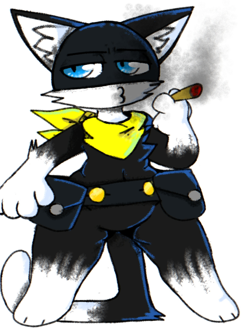 4_fingers anthro atlus belt cigar dipstick_feet dipstick_hands dipstick_tail featureless_feet felid feline fingers fur glistening hi_res invalid_tag male mammal megami_tensei megami_tensei_persona morgana_(persona) multicolored_tail punchii scarf slightly_chubby smoke smoking standing thick_thighs video_games yellow_scarf