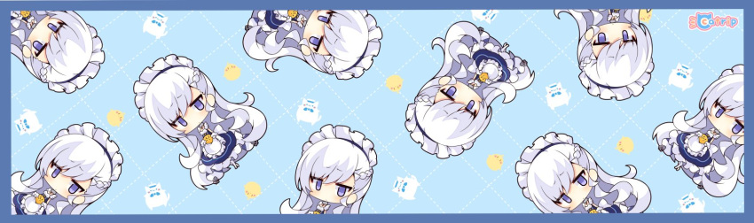 1girl apron azur_lane belfast_(azur_lane) blue_background blue_eyes blush braid chibi closed_mouth eyebrows_visible_through_hair highres long_hair looking_at_viewer maid maid_apron maid_headdress manjuu_(azur_lane) muuran pantyhose silver_hair solo very_long_hair white_legwear