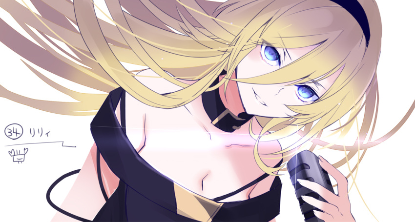 1girl bare_shoulders belt_collar black_collar black_dress black_hairband blonde_hair blue_eyes collar collarbone dress dutch_angle fingernails floating_hair glint hairband hand_up holding holding_microphone lily_(vocaloid) long_hair microphone off-shoulder_dress off_shoulder parted_lips simple_background solo upper_body vocaloid white_background yuuki_kira