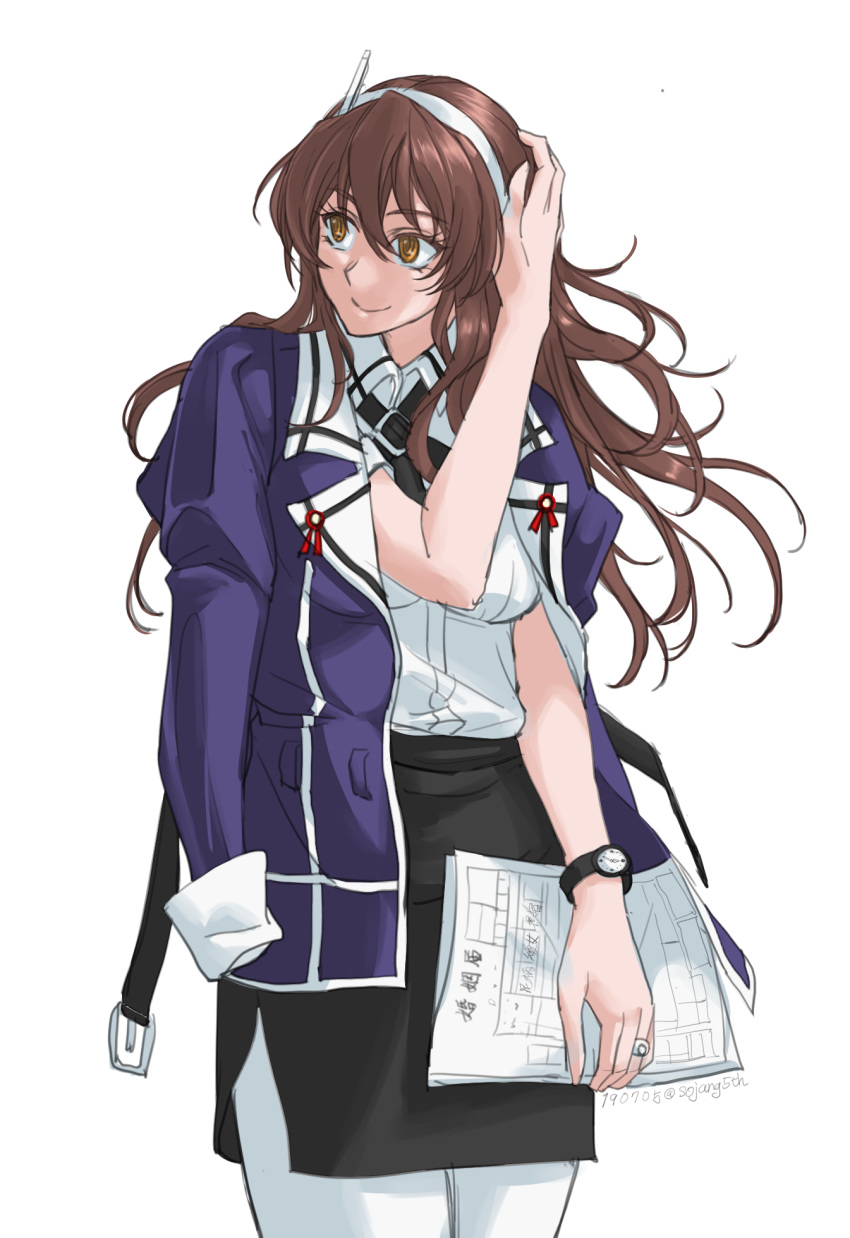 1girl ashigara_(kantai_collection) black_skirt brown_eyes brown_hair clothes_on_shoulders commentary_request cowboy_shot hairband highres horned_headwear jewelry kantai_collection long_hair looking_back marriage_certificate_(object) military military_uniform pantyhose pencil_skirt remodel_(kantai_collection) ring simple_background skirt solo sozan standing uniform watch wavy_hair wedding_band white_background white_legwear wristwatch