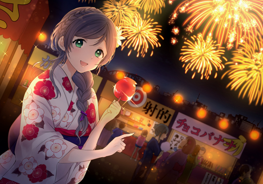 2boys 6+girls :d absurdres alternate_hairstyle bangs braid braiding_hair candy_apple chinese_text city_lights cotton_candy crown_braid festival fireworks floral_print food green_eyes hair_over_shoulder hairdressing highres japanese_clothes kanji kazehana_(spica) kimono lampion looking_at_viewer love_live! love_live!_school_idol_project multiple_boys multiple_girls nail_polish night night_sky open_mouth outdoors pointing purple_hair sky smile sparkle stall stuffed_animal stuffed_toy summer_festival teddy_bear toujou_nozomi yukata