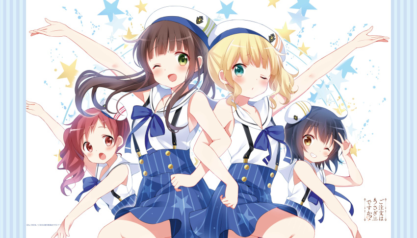 4girls absurdres aqua_eyes arm_up artist_name black_hair blonde_hair blue_bow blush bow brown_eyes brown_hair closed_mouth collarbone copyright_name eyebrows_visible_through_hair gochuumon_wa_usagi_desu_ka? green_eyes grin hat highres jouga_maya kirima_sharo koi_(koisan) locked_arms long_hair looking_at_viewer multiple_girls natsu_megumi one_eye_closed open_mouth overalls parted_lips red_eyes red_hair sailor_collar short_hair short_ponytail side_ponytail smile teeth ujimatsu_chiya v white_headwear