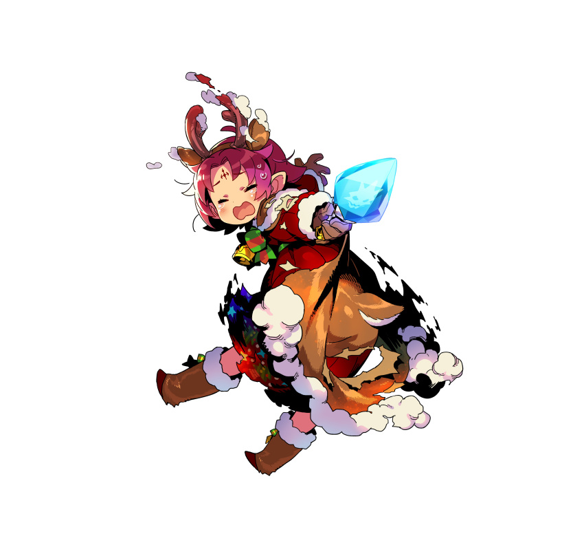 1girl absurdres antlers bell boots bow brown_gloves cape closed_eyes dress facial_mark fae_(fire_emblem) fire_emblem fire_emblem:_the_binding_blade fire_emblem_heroes forehead_mark full_body fur_trim gloves grey_background highres himukai_yuuji long_sleeves mamkute official_art open_mouth outstretched_arm pointy_ears purple_hair reindeer_antlers short_hair simple_background solo tears torn_clothes white_background
