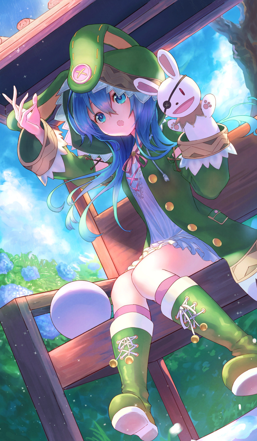 1girl :o absurdres animal_hood blue_eyes blue_hair blue_sky bunny_hood bunny_puppet cloud cloudy_sky date_a_live dutch_angle eyepatch green_footwear hair_ornament hand_puppet hayataku1234 highres hood hoodie knees_together_feet_apart long_sleeves puppet sitting sky yoshino_(date_a_live) yoshinon