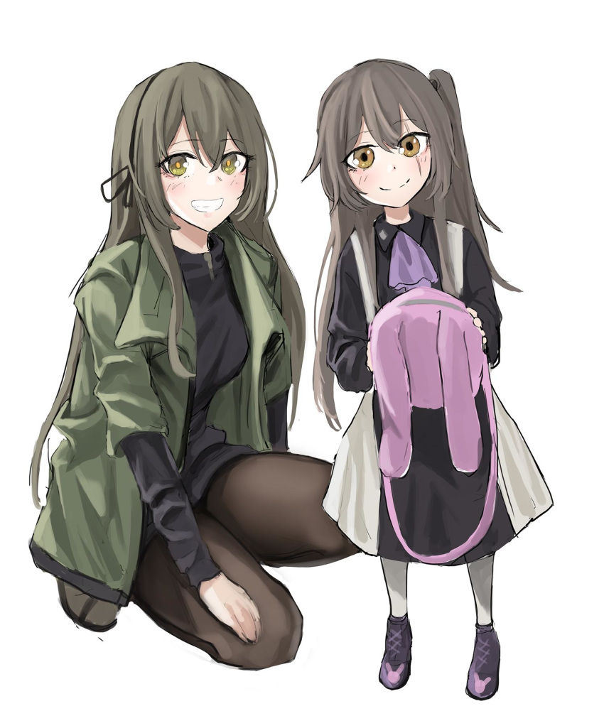 2girls brown_eyes brown_hair bunny_backpack girls_frontline grin highres jacket kneeling mmm_(ji1945) multiple_girls pantyhose shoes siblings sisters smile socks ump40_(girls_frontline) ump45_(girls_frontline) younger