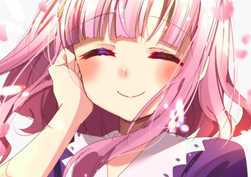 1girl absurdres bangs blush cherry_blossoms closed_eyes dress gakkou_gurashi! hand_in_hair highres long_hair looking_at_viewer pink_hair purple_dress sakura_megumi sinakyo smile