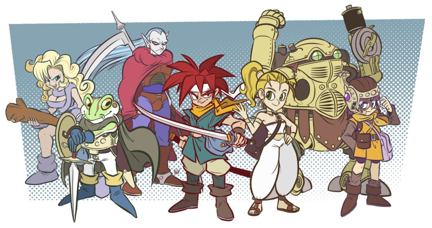 3girls 4boys amphibian antenna arm_cannon armband armor artist_name awd! ayla ayla_(chrono_trigger) bag belt blonde_hair blue_eyes boots cape chrono chrono_(series) chrono_trigger cleavage clothed clothing club crono earrings evil_eyes eyebrows eyelashes female frog frog_(chrono_trigger) fur_boots fur_clothing glasses gloves green_eyes grey_hair grey_skin group hair hand_on_hip helmet holding holding_sword holding_weapon human kaeru_(chrono_trigger) looking_at_viewer lucca_ashtear magus male marle mechanical medium_breasts open_mouth pants pointy_ears purple_eyes purple_hair red_eyes red_hair robo robot sandals scarf scythe sharp_fingernails shield sleeveless smile spats spiked_hair square_enix strap teeth tied_hair undershirt unsheathed video_games