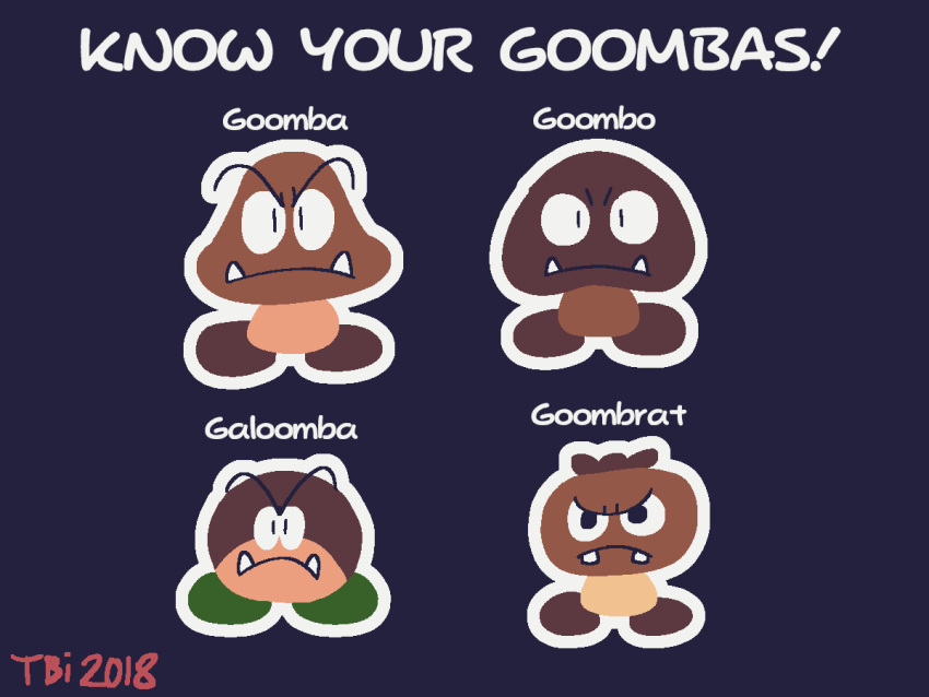 2019 4:3 beekirbydrawsstuff black_eyes blue_background brown_skin fangs galoomba goomba goombo goombrat green_skin mario_bros nintendo simple_background video_games