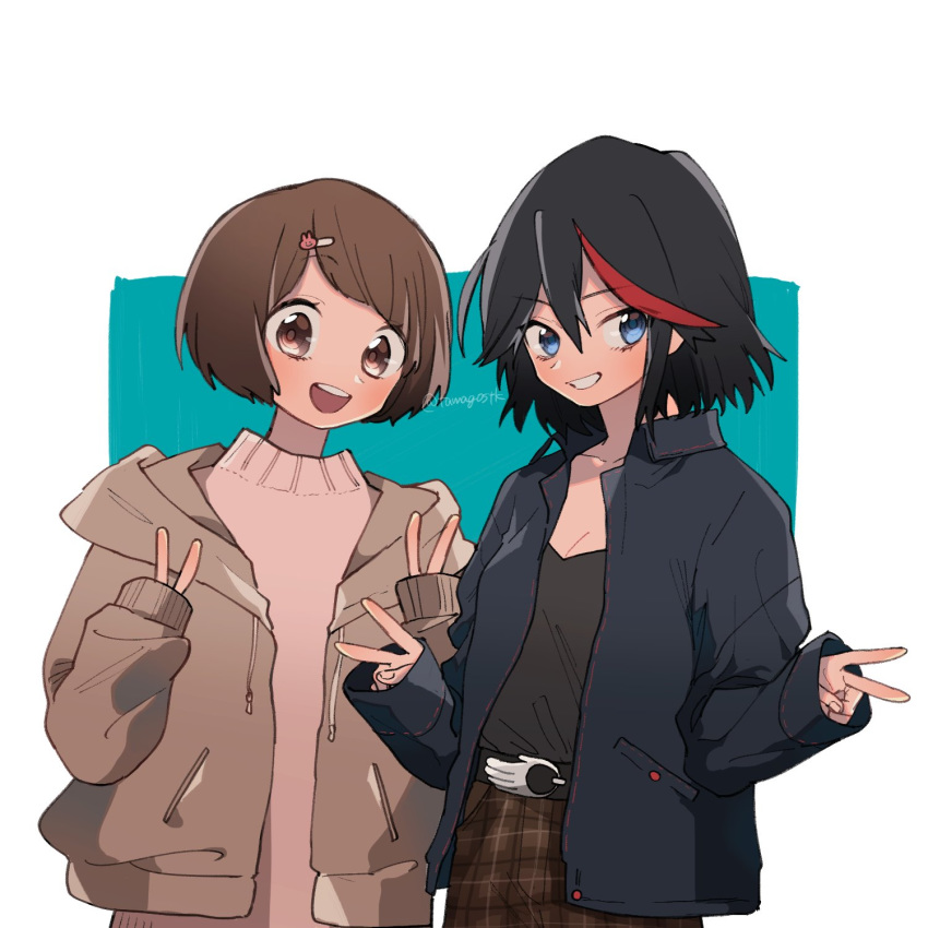 2girls bangs belt black_belt black_hair black_shirt blue_background blue_eyes brown_eyes brown_hair brown_jacket brown_pants brown_sweater casual commentary double_v drawstring eyebrows_visible_through_hair grin hair_ornament hairclip highres hood hoodie jacket kill_la_kill long_sleeves looking_at_viewer mankanshoku_mako matoi_ryuuko mittsun multicolored_hair multiple_girls navy_blue_jacket open_clothes open_jacket open_mouth pants plaid plaid_pants shirt short_hair smile standing streaked_hair sweater swept_bangs twitter_username two-tone_hair upper_body v white_background