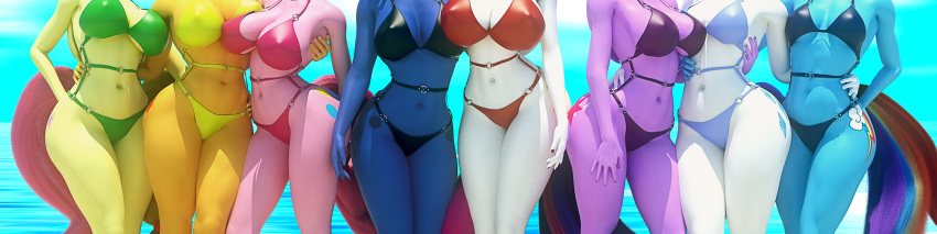 2019 3d_(artwork) 5_fingers anthro applejack_(mlp) big_breasts bikini black_bikini black_bra black_clothing black_swimwear black_tail black_topwear black_underwear blue_background blue_bikini blue_bra blue_clothing blue_nails blue_swimwear blue_tail blue_topwear blue_underwear bottomwear bra breasts butt cleavage clothed clothing cloud colored_nails cutie_mark day digital_media_(artwork) earth_pony eqamrd equid equine female fingers fluttershy_(mlp) friendship_is_magic front_view green_bikini green_bra green_clothing green_swimwear green_topwear green_underwear group hand_behind_back hand_on_hip hand_on_thigh hi_res horse lineup mammal multicolored_tail my_little_pony nails navel orange_tail outside pink_bikini pink_bra pink_clothing pink_swimwear pink_tail pink_topwear pink_underwear pinkie_pie_(mlp) pony pose princess_celestia_(mlp) princess_luna_(mlp) pterippus purple_bikini purple_bra purple_clothing purple_swimwear purple_tail purple_topwear purple_underwear rainbow_dash_(mlp) rarity_(mlp) red_bikini red_bra red_clothing red_nails red_swimwear red_tail red_topwear red_underwear rubber simple_background sky spots standing swimwear topwear twilight_sparkle_(mlp) underwear water wings yellow_bikini yellow_bra yellow_clothing yellow_nails yellow_swimwear yellow_tail yellow_topwear yellow_underwear