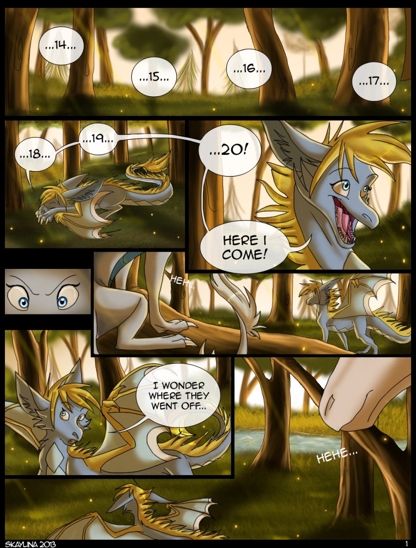 2013 blonde_hair blue_eyes comic day dragon english_text feral forest grass hair hi_res membrane_(anatomy) membranous_wings open_mouth outside river scalie skaydie standing teeth text tongue tree western_dragon wings