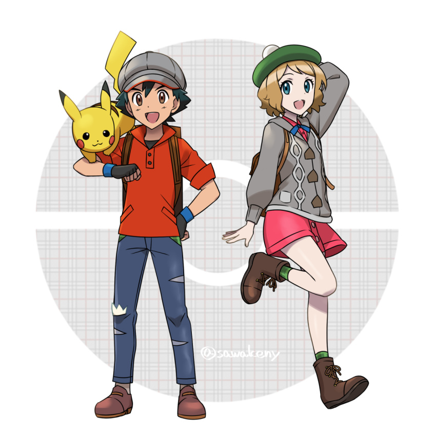 1boy 1girl arm_up black_gloves black_hair blue_eyes blue_pants blue_ribbon boots brown_eyes brown_footwear brown_hair cosplay dress_shirt female_protagonist_(pokemon_swsh) female_protagonist_(pokemon_swsh)_(cosplay) fingerless_gloves full_body gen_1_pokemon gloves green_headwear grey_cardigan grey_headwear hand_on_hip highres jacket kanimaru looking_at_viewer male_protagonist_(pokemon_swsh) male_protagonist_(pokemon_swsh)_(cosplay) miniskirt neck_ribbon pants pantyhose pikachu pink_shirt pink_skirt poke_ball pokemon pokemon_(anime) pokemon_(creature) pokemon_(game) pokemon_on_shoulder pokemon_swsh red_jacket ribbon satoshi_(pokemon) serena_(pokemon) shiny shiny_hair shiny_legwear shirt short_hair skirt sleeves_rolled_up torn_clothes torn_pants twitter_username white_background white_legwear