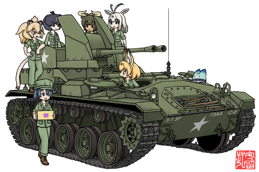 6+girls arabian_oryx_(kemono_friends) aurochs_(kemono_friends) boots caterpillar_tracks commentary_request japanese_black_bear_(kemono_friends) japari_symbol kaban_(kemono_friends) kemono_friends lion_(kemono_friends) lucky_beast_(kemono_friends) m.wolverine m19_multiple_gun_motor_carriage military millipen_(medium) multiple_girls real_life self-propelled_gun serval_(kemono_friends) signature traditional_media uniform