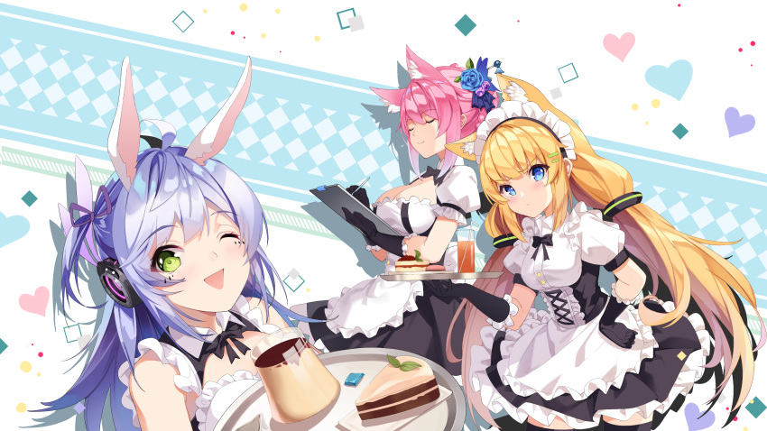 animal_ears bunny_ears cleavage headphones maid thighhighs wallpaper yeluno_meng