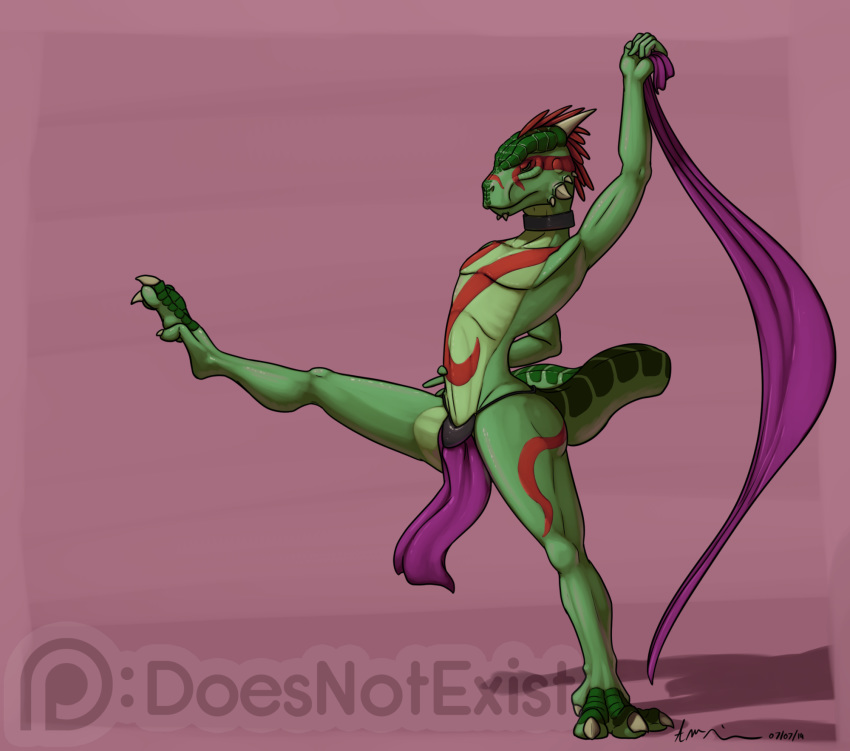 2019 5_fingers 5_toes anthro argonian bethesda_softworks bodypaint claws clothed clothing collar dancing digital_media_(artwork) digitigrade eyes_closed feathers fingers green_scales hi_res horn loincloth male mostly_nude red_feathers scales scalie shows-his-scales solo the_elder_scrolls theandymac toes topless video_games