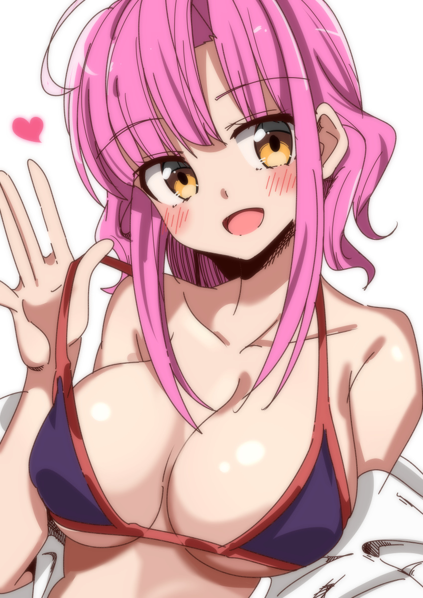 1girl :d absurdres bangs bikini_top blue_bikini_top blush breasts collarbone eyebrows_visible_through_hair gakkou_gurashi! heart highres large_breasts medium_hair open_mouth pink_hair sakura_megumi simple_background sinakyo sketch smile solo swimsuit upper_body white_background yellow_eyes