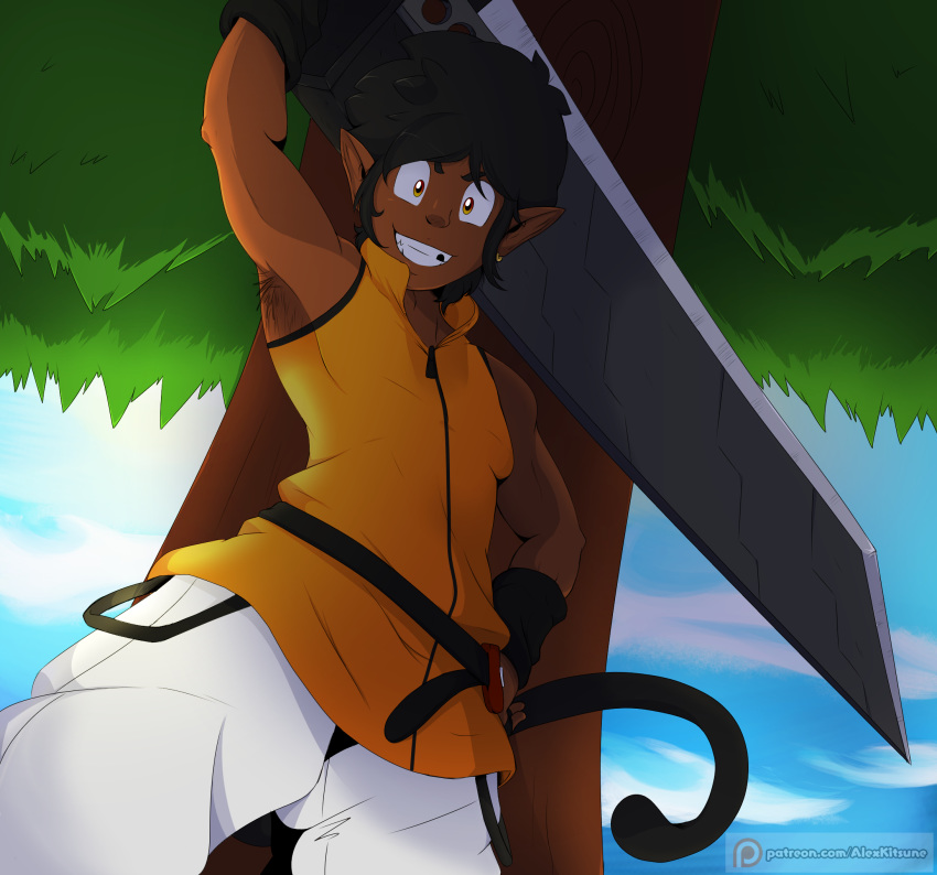 alex_kitsune body_hair clothing hi_res looking_at_viewer low-angle_view male mammal melee_weapon monkey outside patreon primate simian smile smiling_at_viewer solo_focus sword tree weapon worm's-eye_view