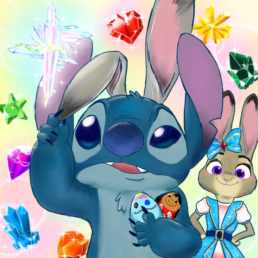 &lt;3 1:1 2016 4_fingers absurd_res accessory alien ambiguous_gender anthro belt blue_claws blue_eyes blue_fur blue_nose blue_pawpads chest_tuft claws clothed clothing crossover dipstick_ears disney dress easter_egg experiment_(lilo_and_stitch) eyelashes fake_ears fake_rabbit_ears female fingers fur gem grey_fur hair_accessory hair_bow hair_ribbon hands_on_hips head_tuft hi_res holding_object judy_hopps lagomorph leporid lilo_and_stitch lilo_pelekai mammal multicolored_ears notched_ear open_mouth pawpads purple_eyes rabbit ribbons scrump smile stitch_(lilo_and_stitch) tuft tuttu_disney zootopia