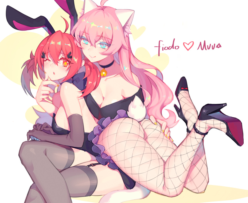 2girls animal_ears aqua_eyes ass ass_grab bell bow breasts bunny_ears bunnygirl catgirl choker cleavage collar cropped elbow_gloves fiodo garter_belt gloves long_hair original pink_hair red_eyes red_hair stockings tail thighhighs twintails vivian_(mvv) wink xiao_me yuri zettai_ryouiki