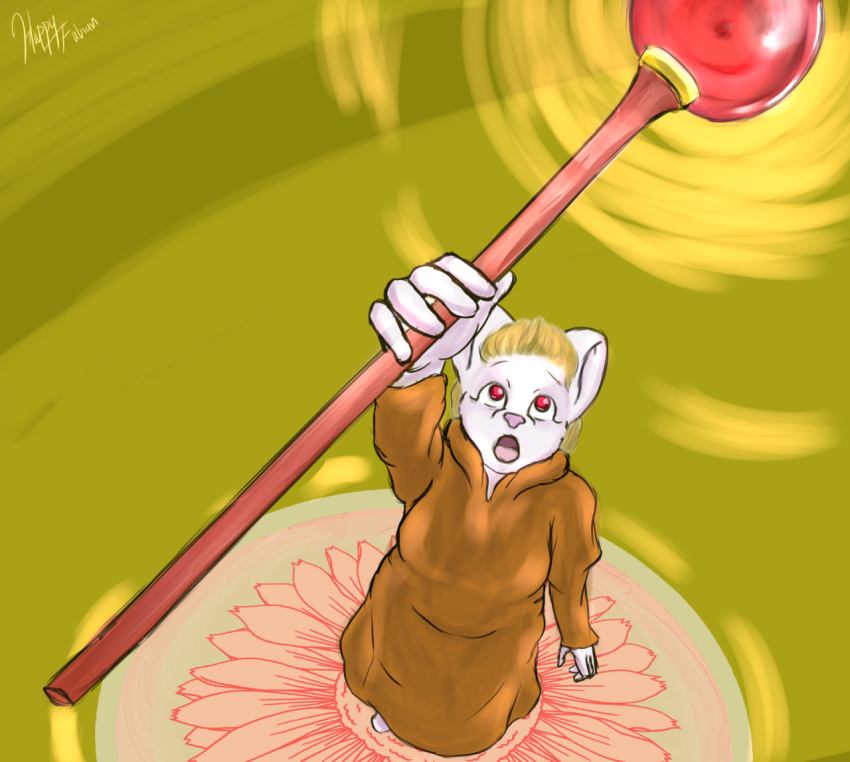 2014 albino anthro ayeph cleric clothed clothing digital_media_(artwork) eulipotyphlan female flower fully_clothed happyfabian hedgehog looking_up mammal open_mouth pink_nose plant raised_arm red_eyes robe simple_background solo staff standing