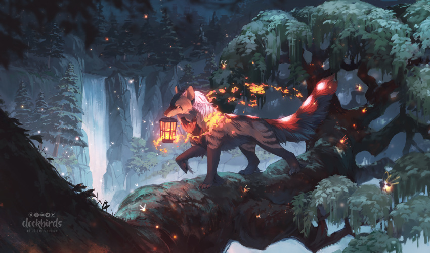 2019 4_toes black_nose canid canine canis clockbirds detailed_background digital_media_(artwork) feral fire lantern mammal night paws solo standing toes tree waterfall wolf