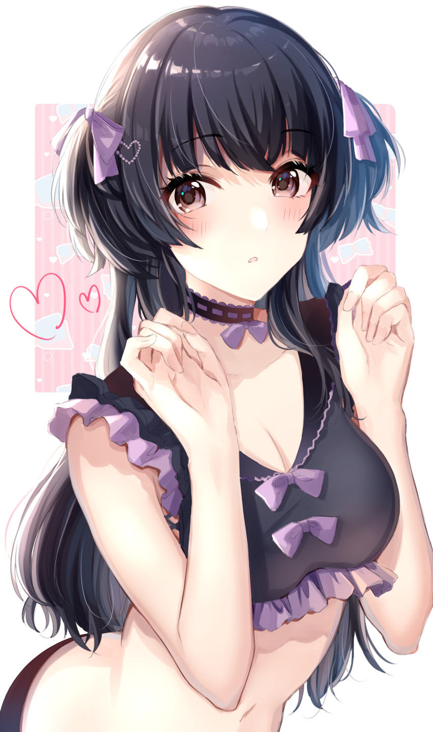 1girl bangs bare_arms bare_shoulders black_hair blush breasts brown_eyes choker cleavage collarbone crop_top eyebrows_visible_through_hair frills hair_ribbon hands_up heart highres idolmaster idolmaster_shiny_colors long_hair looking_at_viewer mayuzumi_fuyuko medium_breasts midriff navel parted_lips purple_ribbon ribbon satoimo_chika solo stomach striped two_side_up upper_body vertical_stripes
