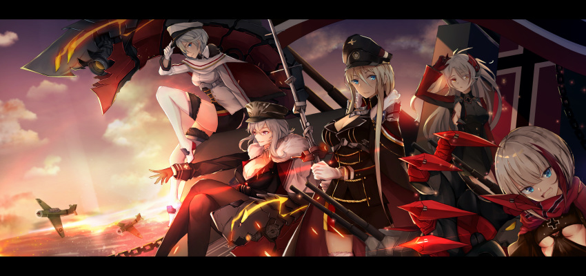 5girls absurdres adjusting_headwear admiral_graf_spee_(azur_lane) aircraft antenna_hair armpit_cutout azur_lane bangs bismarck_(azur_lane) black_dress black_gloves black_legwear blonde_hair blue_eyes blunt_bangs breasts cannon cape choker cleavage cross cross_earrings dress earrings eyebrows_visible_through_hair fur_trim gloves graf_zeppelin_(azur_lane) hair_between_eyes hand_up hat highres holding holding_scepter iron_cross jewelry large_breasts leotard letterboxed long_hair long_sleeves looking_at_viewer mechanical_hands military military_uniform mole mole_on_breast multicolored_hair multiple_girls open_mouth outdoors pantyhose peaked_cap prinz_eugen_(azur_lane) red_eyes red_hair ribbon rigging scarf short_hair sidelocks silver_hair sitting skirt small_breasts smile standing streaked_hair sunset thighhighs tirpitz_(azur_lane) two_side_up uniform very_long_hair white_gloves yoruka_kii